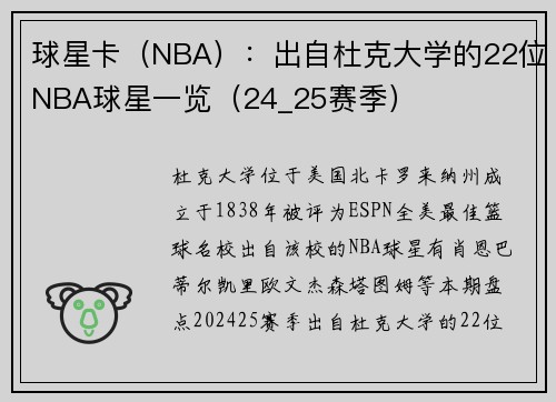 球星卡（NBA）：出自杜克大学的22位NBA球星一览（24_25赛季）